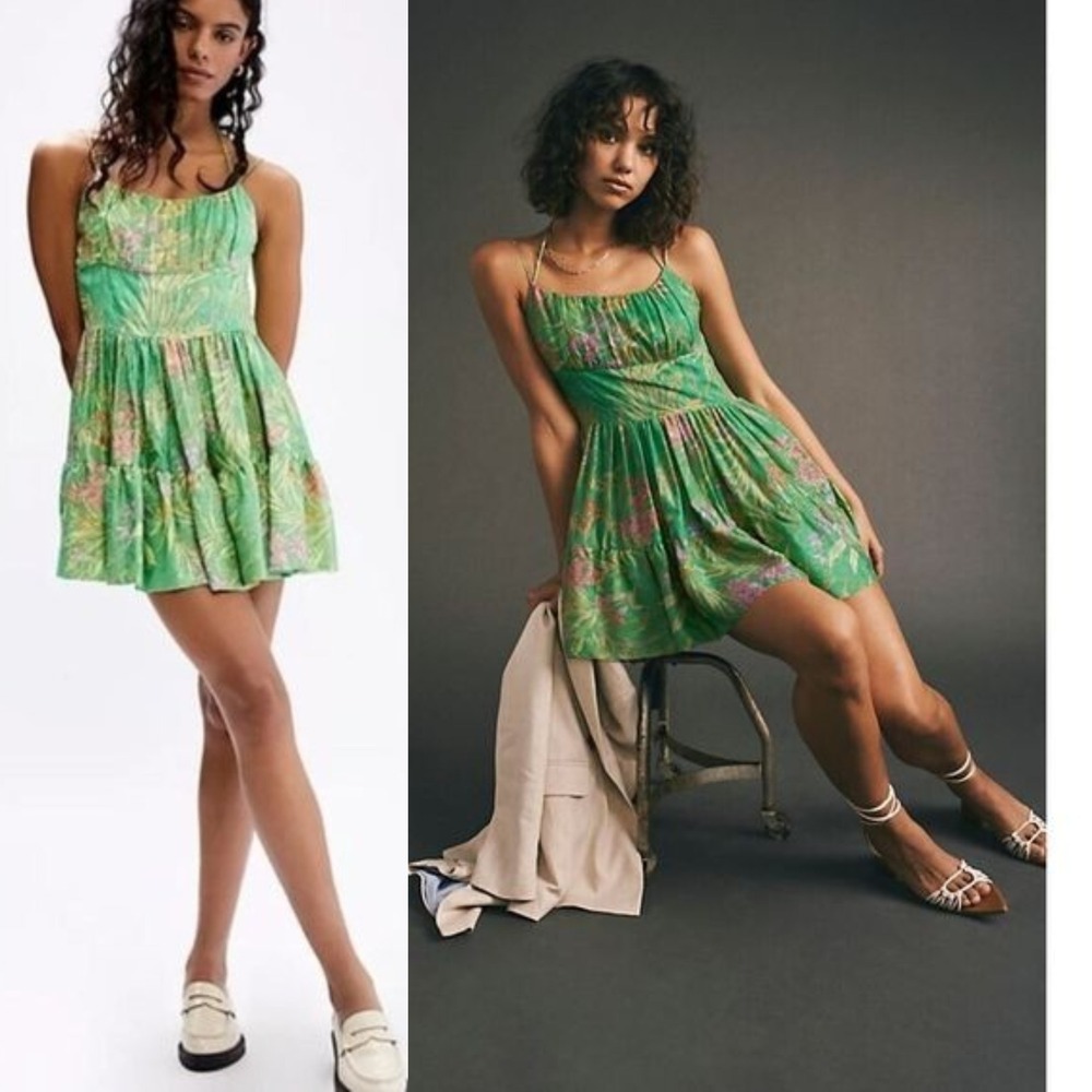Delfi Collective Jacky Mini Dress Green‎ Tropical Floral Metallic Jacquard S NEW - Picture 2 of 10
